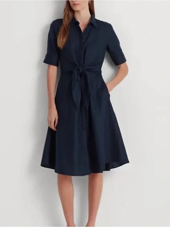 NWT Ralph Lauren Navy Tie-Front Midi Shirt Dress - Picture 2 of 3